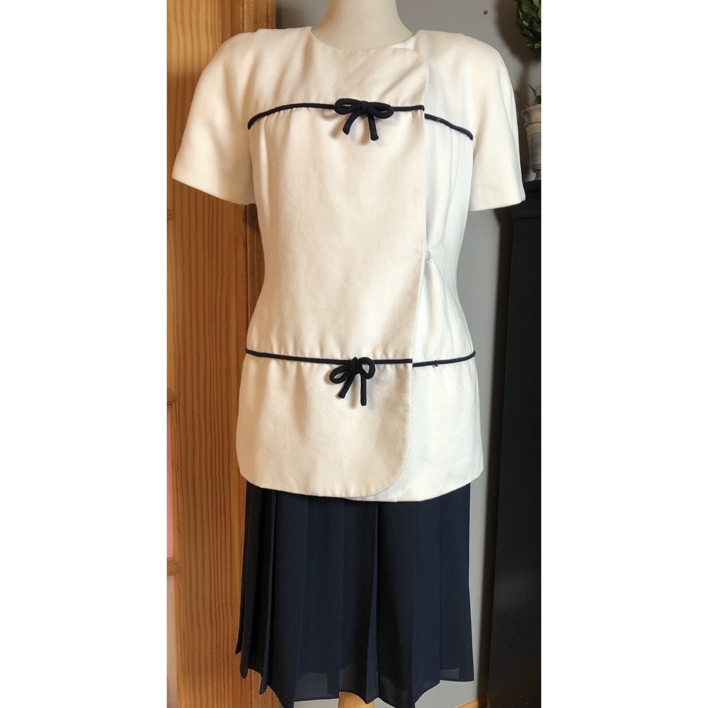 80s Talbots 2-Pc Outfit Blouse Skirt 10 White Navy USA Made Party Classic Career